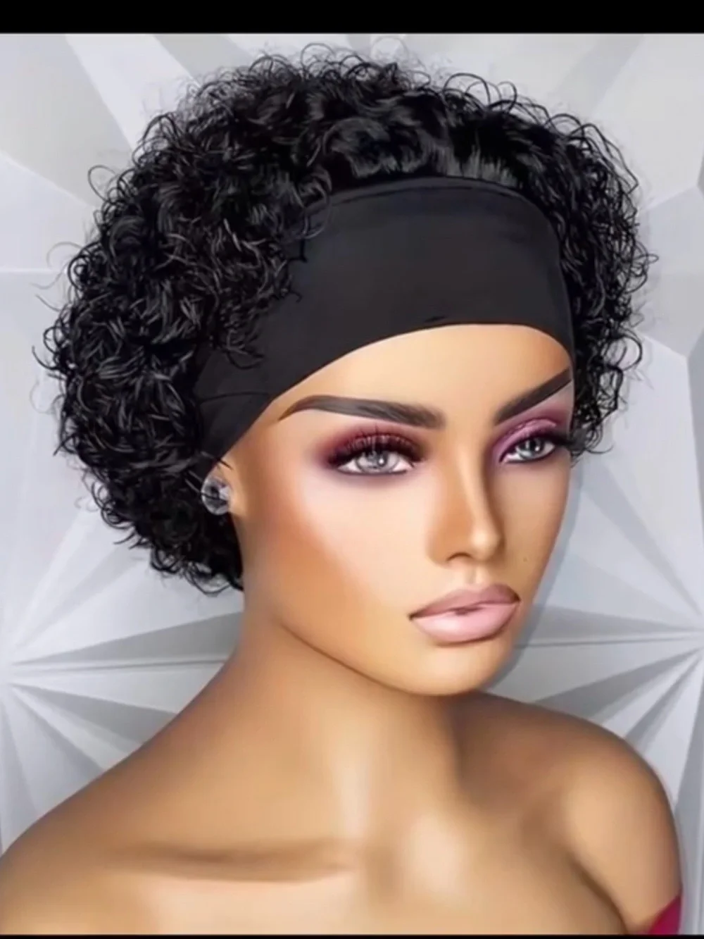 Black Short Curly Headband Wig for Women